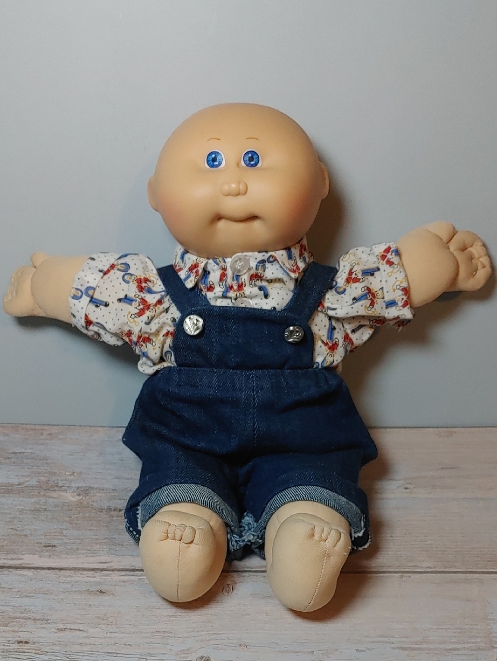 Vintage Cabbage Patch Kids 1984 Baby Boy Doll Small 14" Bald, Denim Overalls